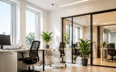 Bureaux lumineux et entretenus avec postes de travail et plantes