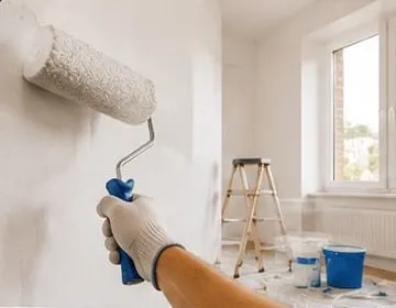 Peintre appliquant de la peinture blanche au rouleau sur un mur d’appartement